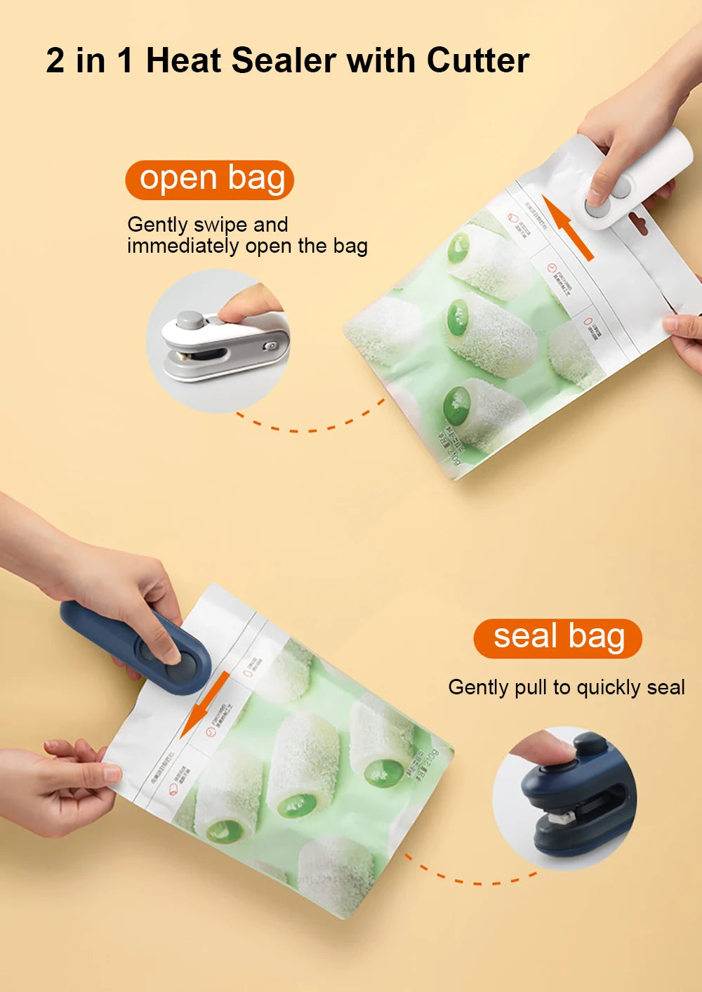 2-in-1 heat sealer with cutter being used on a bag against a beige background