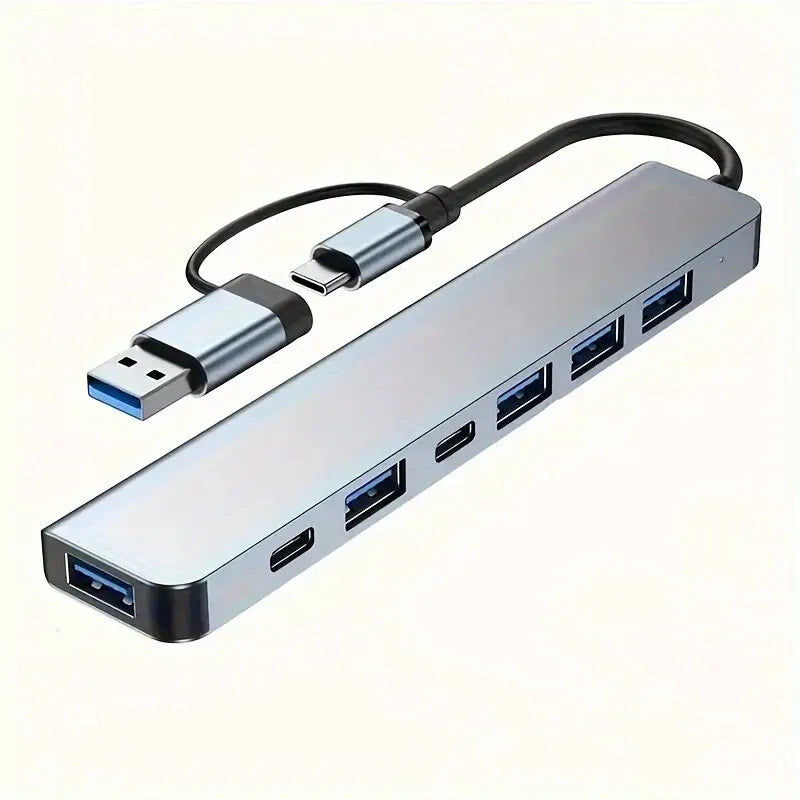 USB hub with multiple ports and cables on a white background