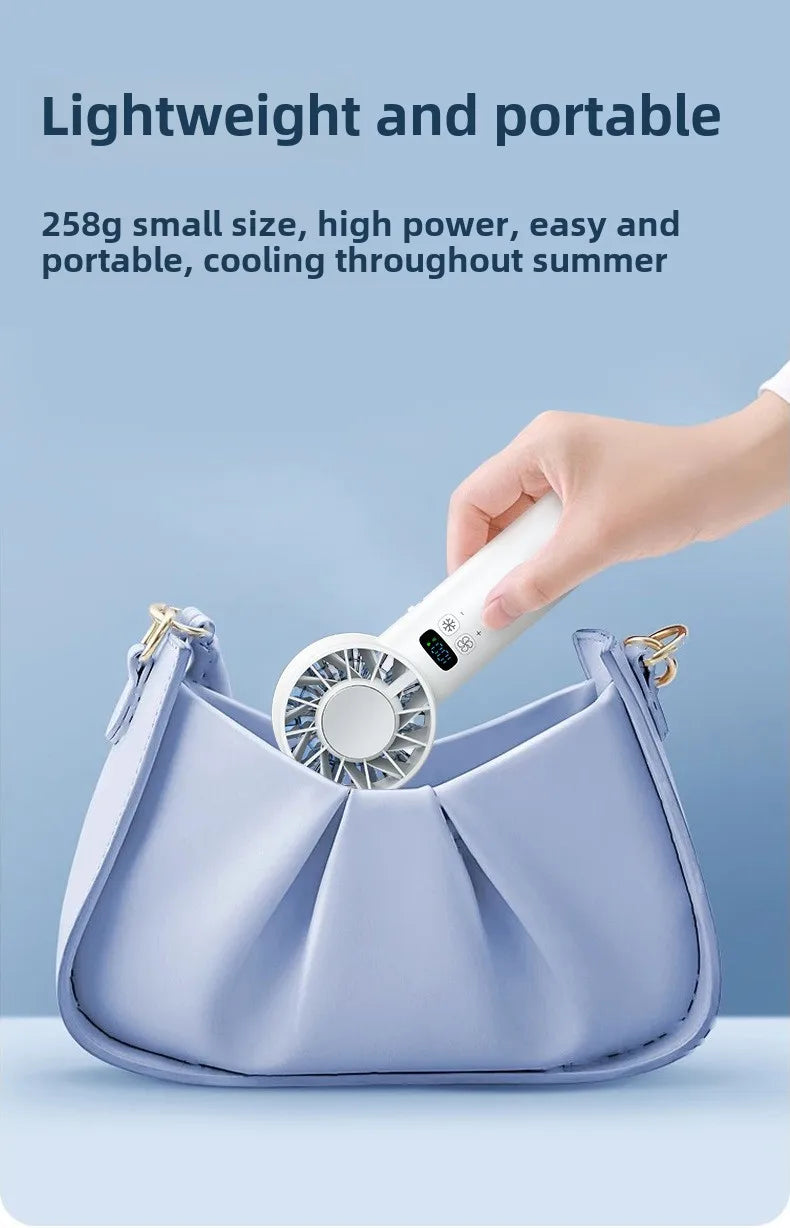 Hand holding a portable fan next to a handbag with text about its lightweight, portable, and high-power features.