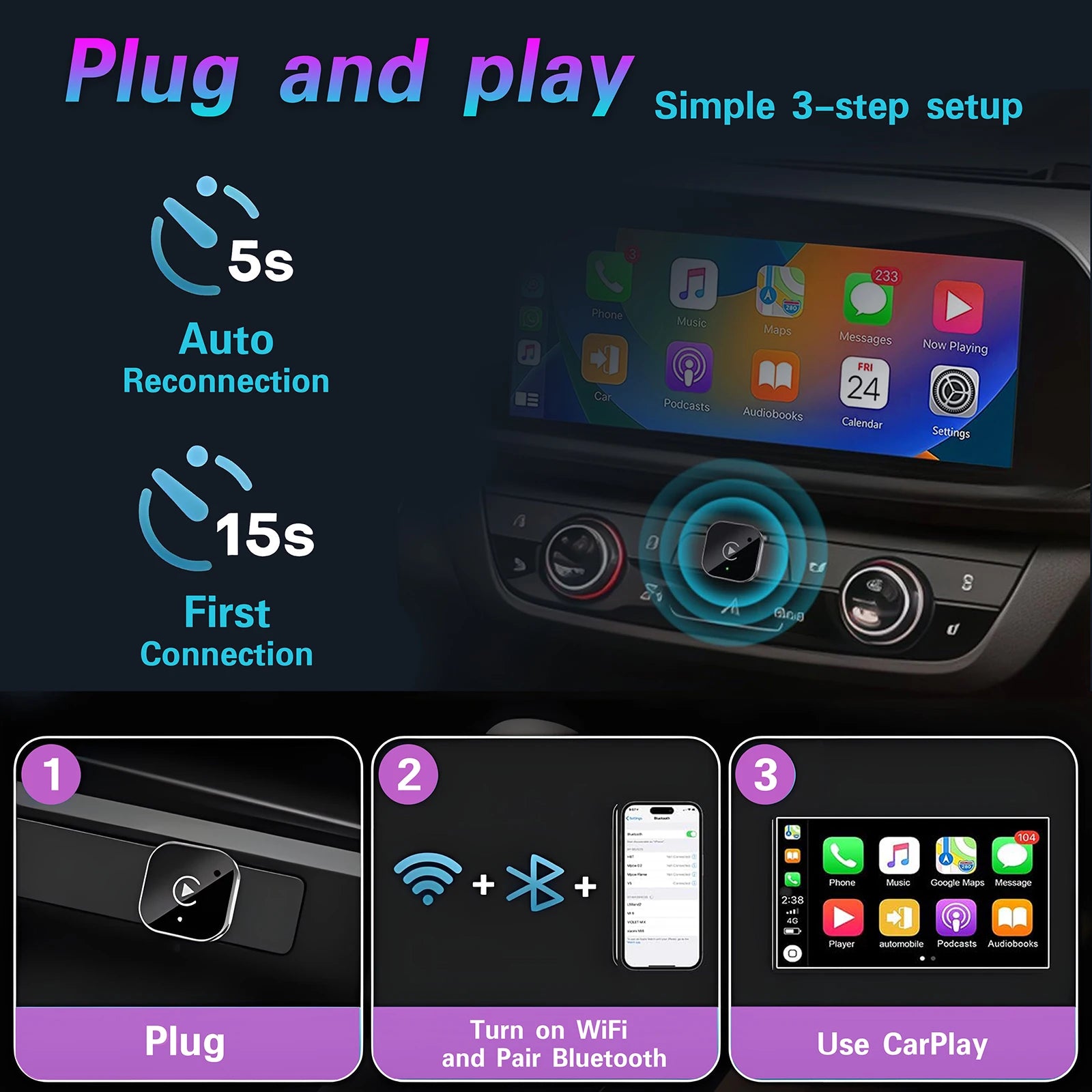 Car infotainment system with smartphone connection instructions and app icons displayed.
