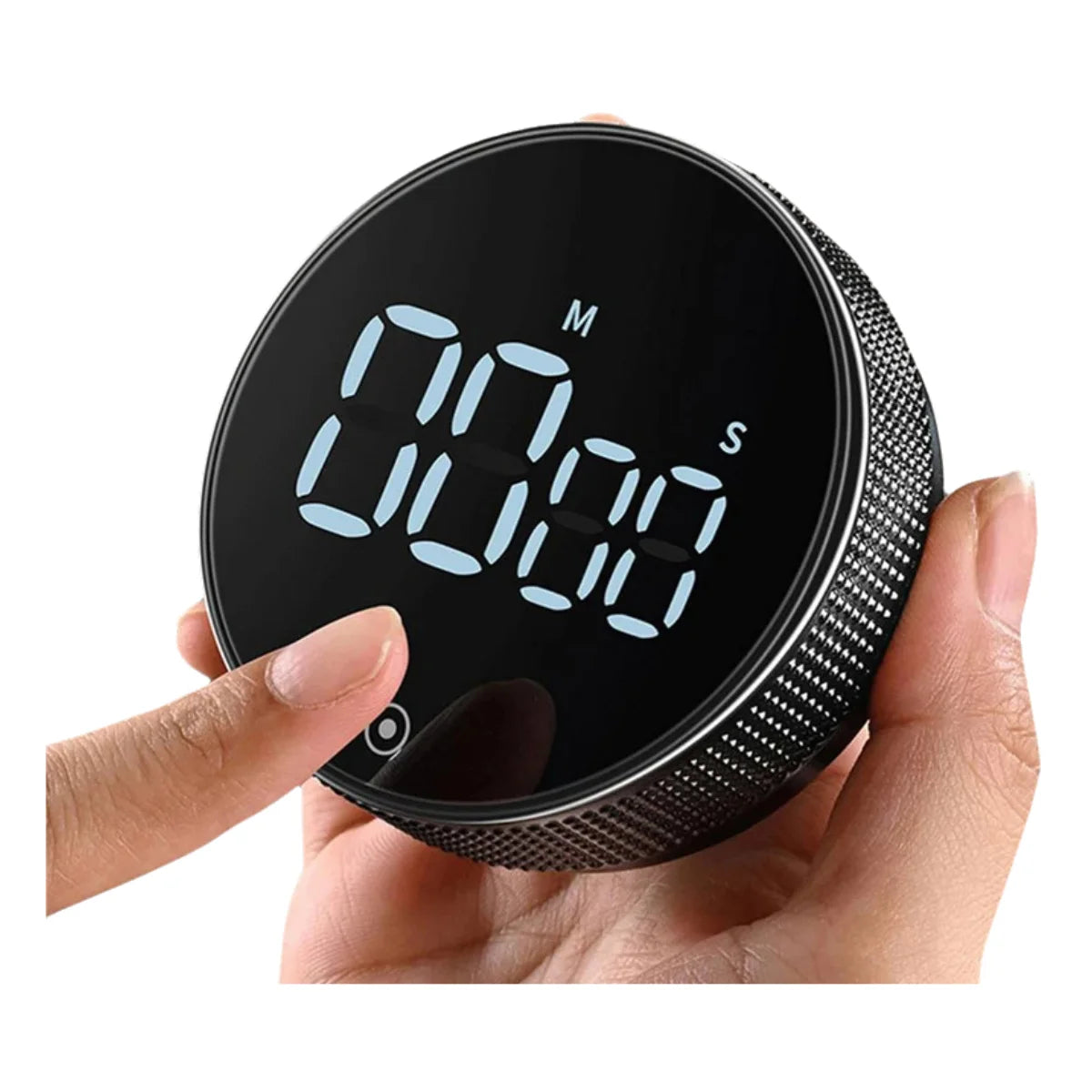Digital timer held in a hand with a white background