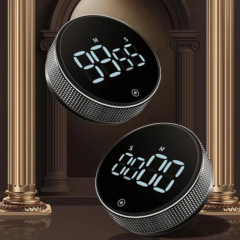 Two digital timers on a dark background with classical columns.