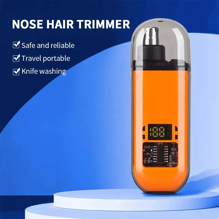 Orange nose hair trimmer with digital display on a blue platform