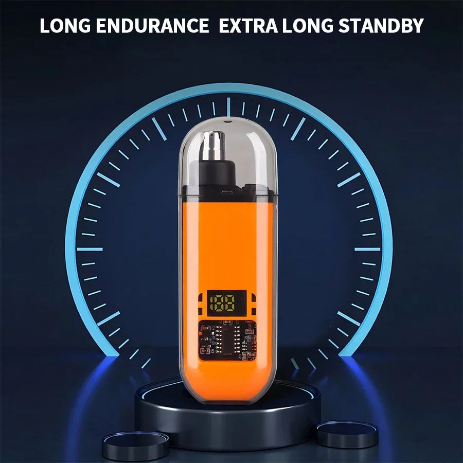 Orange electric ear and nose hair trimmer with digital display on a dark background, highlighting 'Long Endurance' and 'Extra Long Standby'.