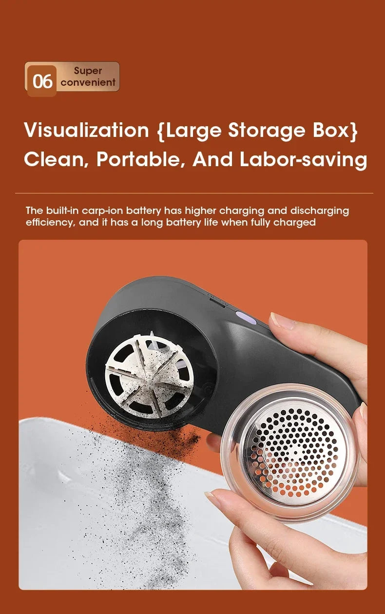 Portable electric lint remover with storage box on an orange background