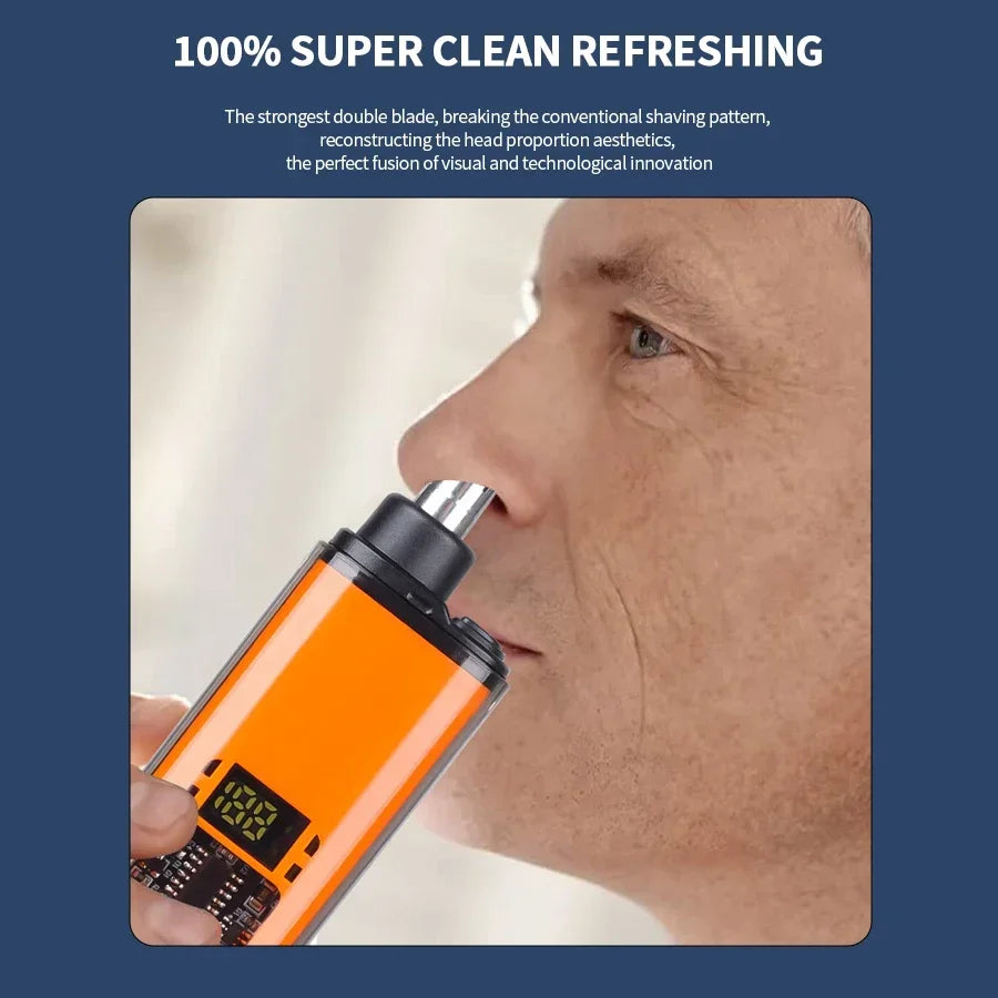 Man using electric ear and nose hair trimmer on his nose with a blue background and text about product features.