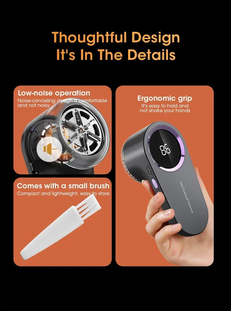 Electric lint remover features with text 'Thoughtful Design It's In The Details' on an orange background