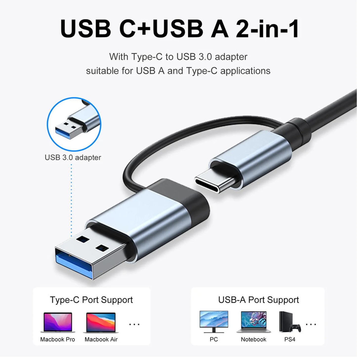 2-in-1 USB C and USB A adapter with Type-C to USB 3.0 adapter on a white background