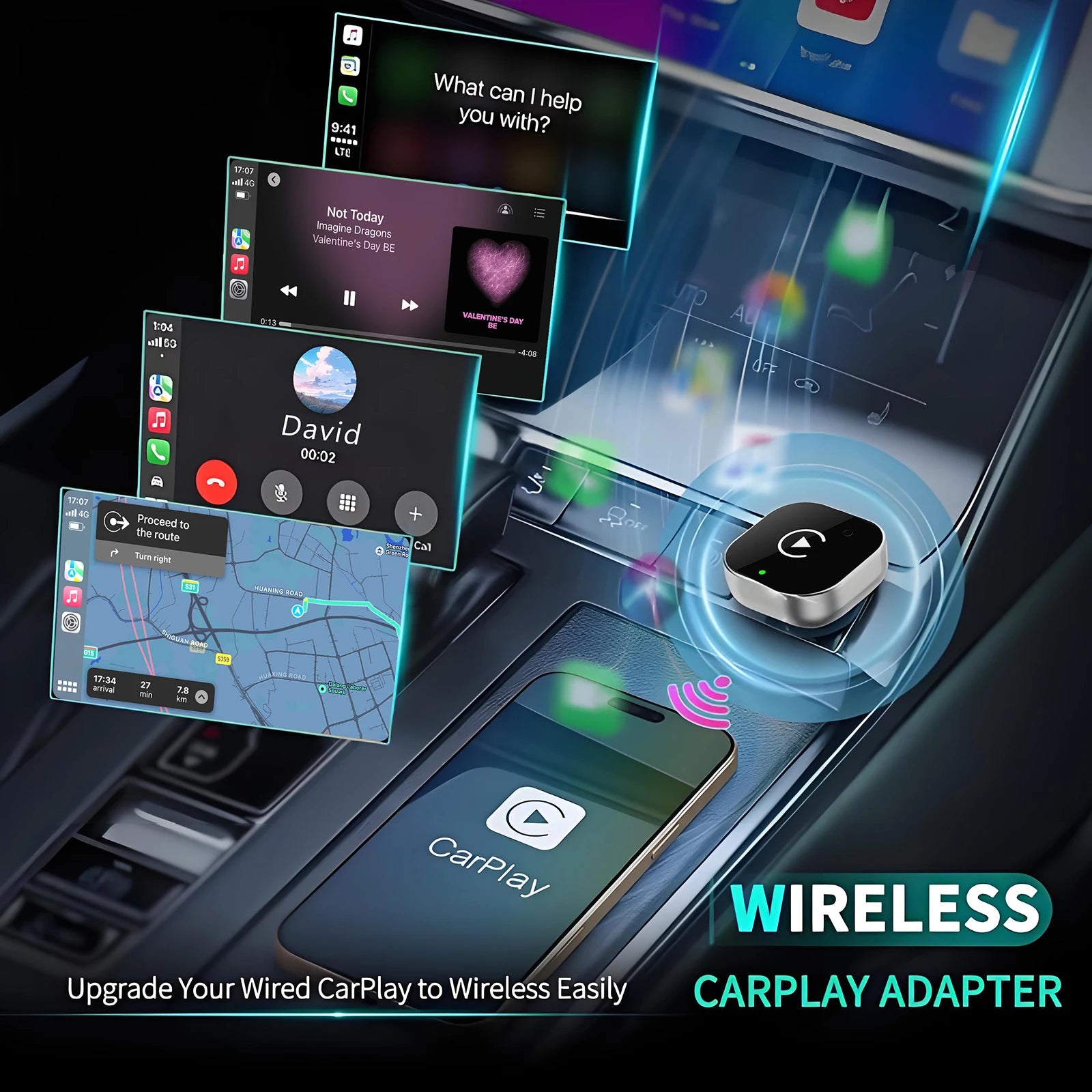 Wireless CarPlay adapter with smartphone and car interface on a dark background