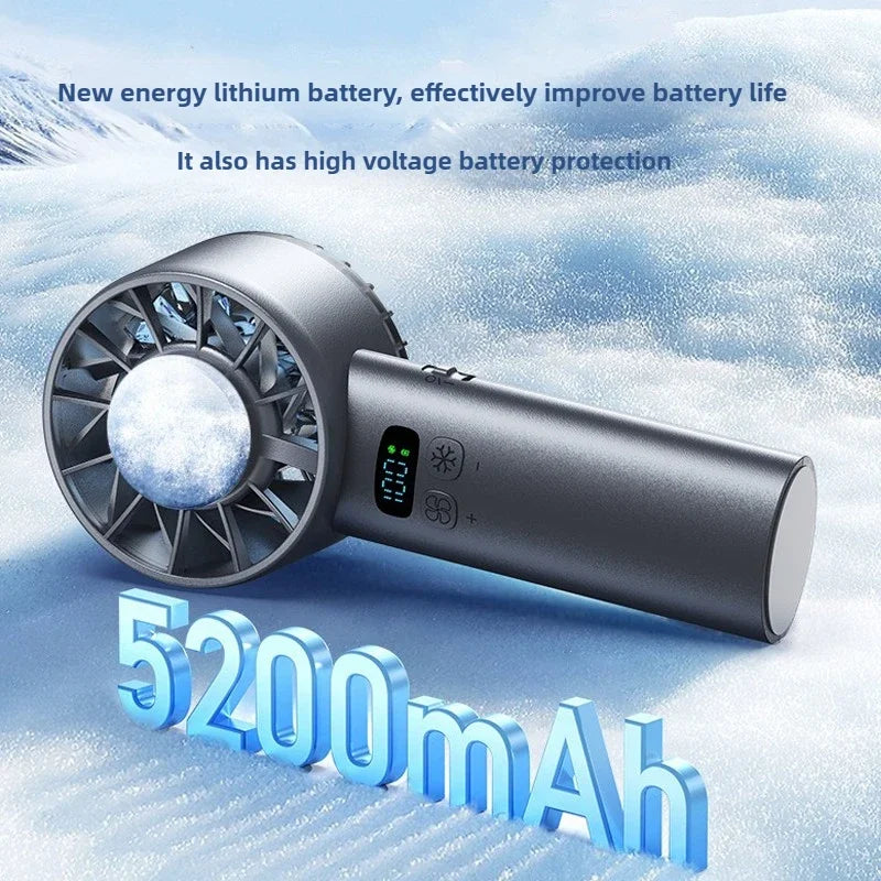 Handheld fan with digital display on a snowy background, highlighting battery life and features.