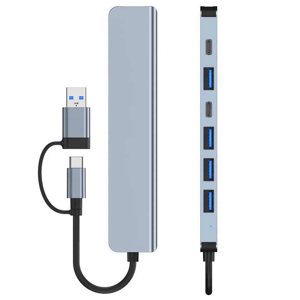 USB hub with multiple ports and a cable on a white background