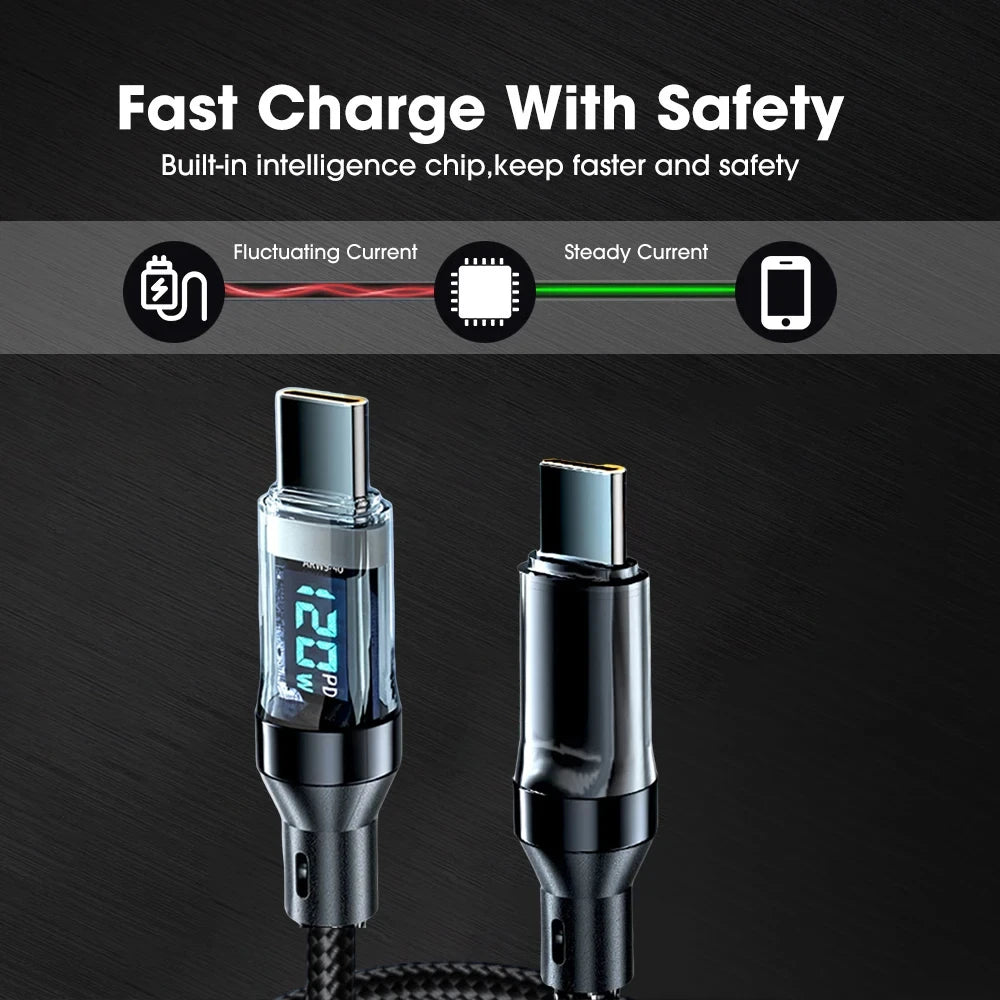 Smart charging cable with digital display on a dark background