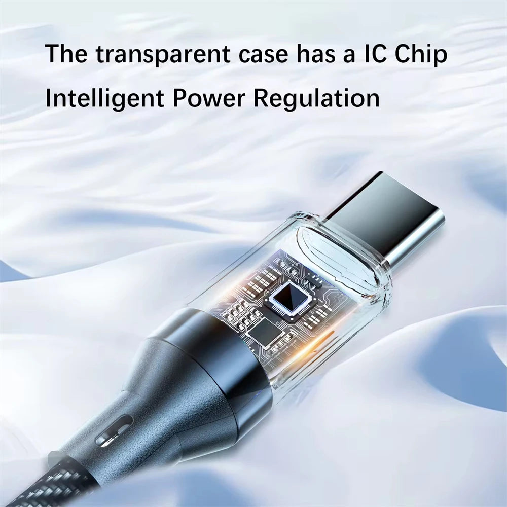 USB cable with transparent case showing IC chip on a light blue background